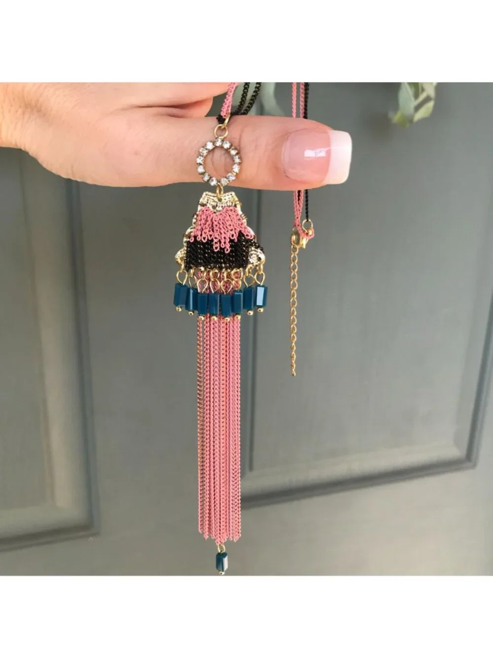 NWT Anthropologie Boho Festival Jewelry Pink Long Beaded Chain Tassel Necklace